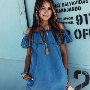 Denim off the shoulder dress.